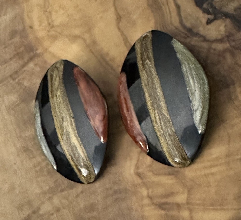 Vintage Oval Striped Black & metallic Enameled Stud Statement Earrings