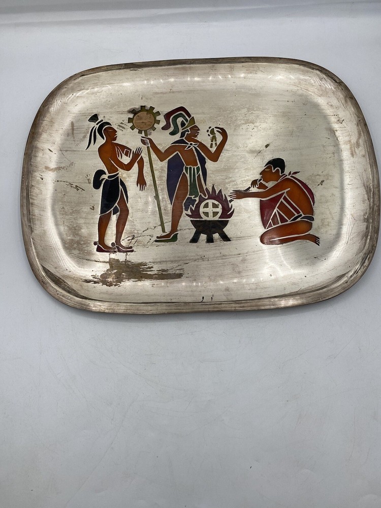 Los Castillo "Aztec Feather" Silver Brass Tray. 1960s