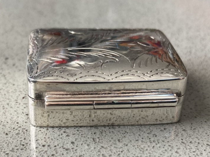 Vintage Engraved Sterling Silver Rectangle Pill Box