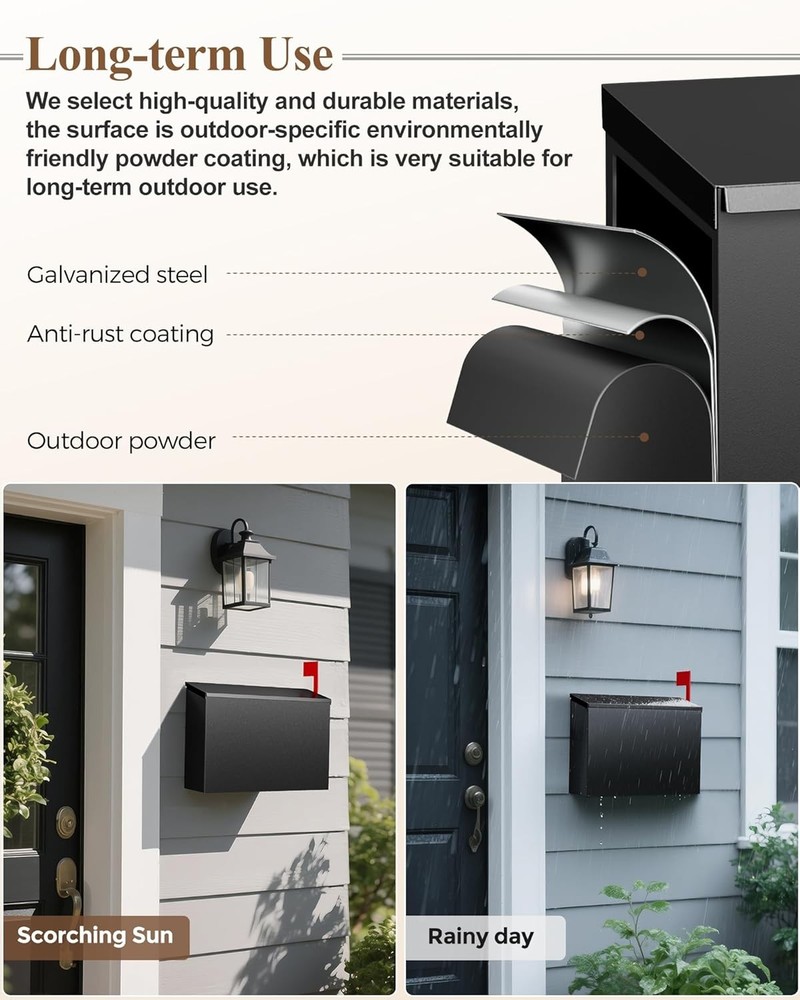 Wall-Mount Mailbox for Outside, Large Capacity Rust-Proof Mail Box with Black