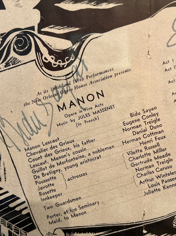 Autograph Program Bidu Sayao & Eugene Conley Manon Opera Singers signed Werleins