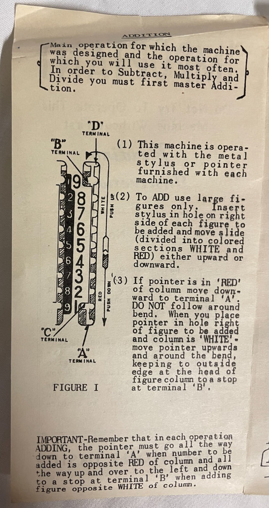 Tom Thumb Hand Adding Machine, Original Stylus, Sleeve, & Instructions