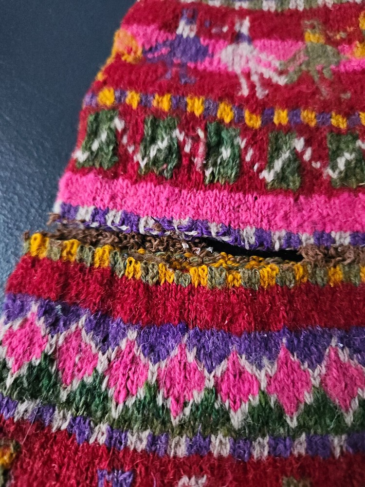TRADITIONAL Q'ERO PERUVIAN CHULLO CAP. ALPACA WOOL. BUG DAMAGE