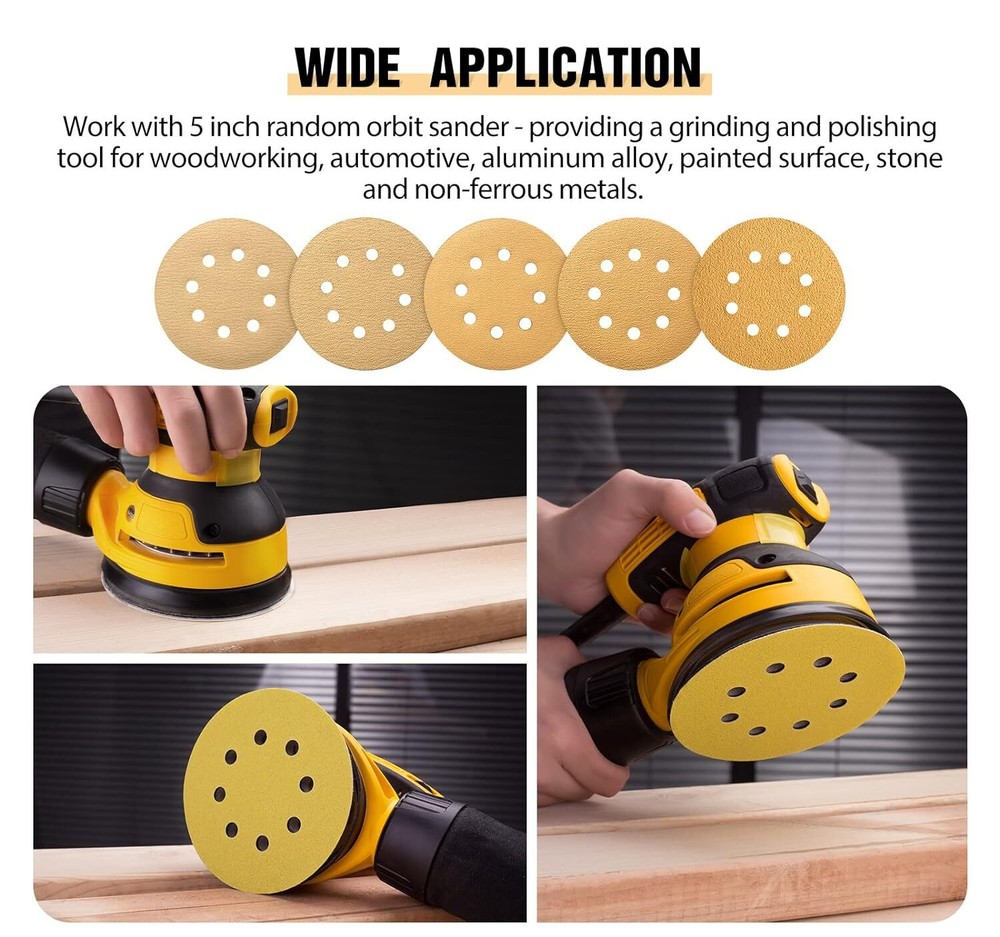 100Pack 8 Hole 125mm 150Grit Gold Sanding Disc Hook Loop Sandpaper for DA Sander