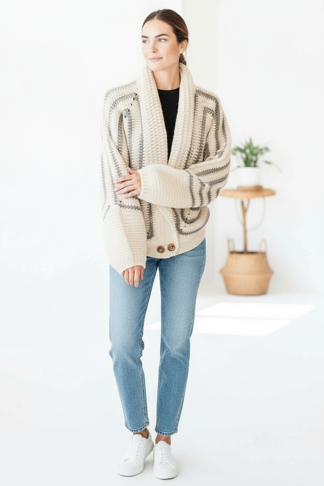 Crochet White and Grey Stripped Cardi