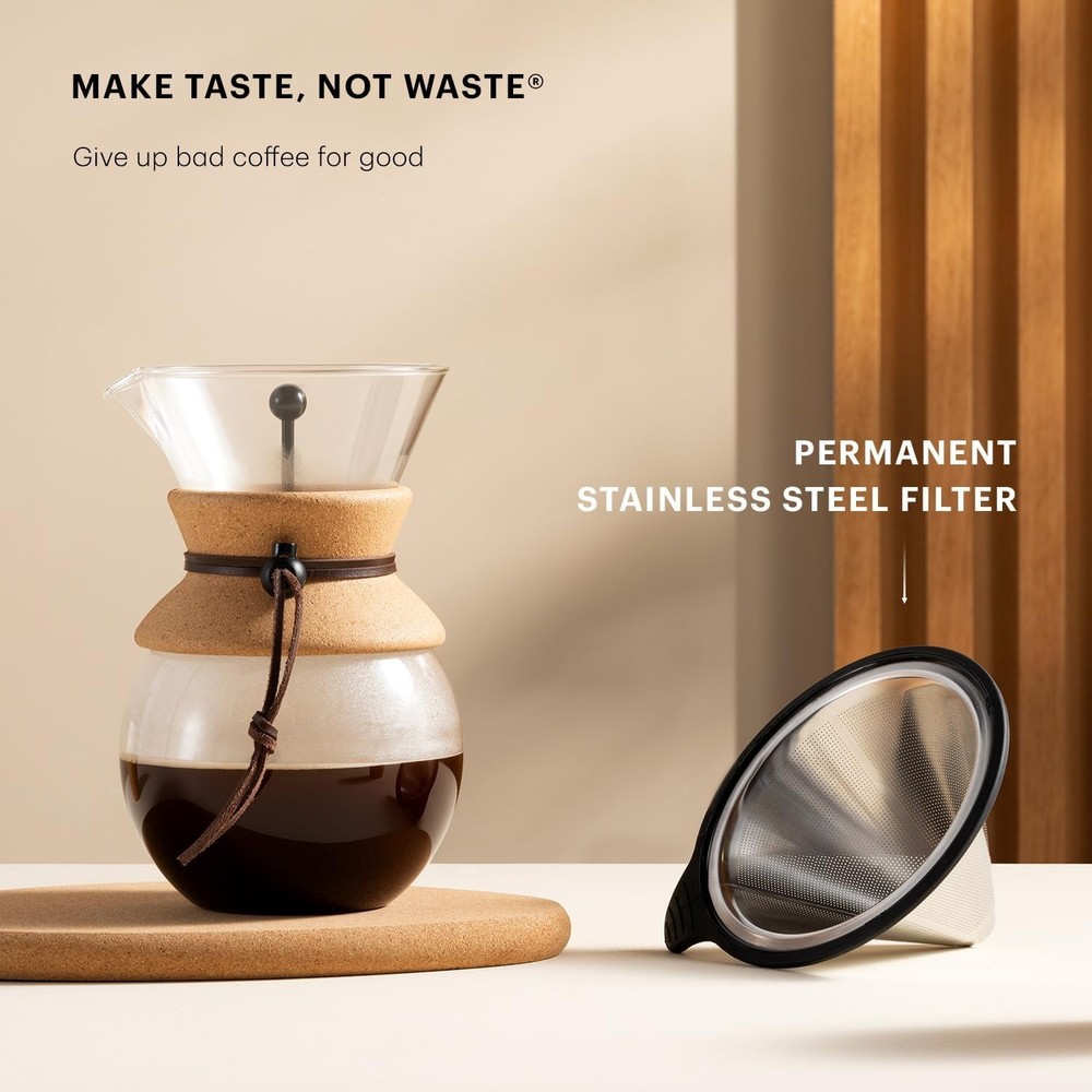 34oz Pour Over Coffee Maker - Elegant Borosilicate Glass & Permanent Filter