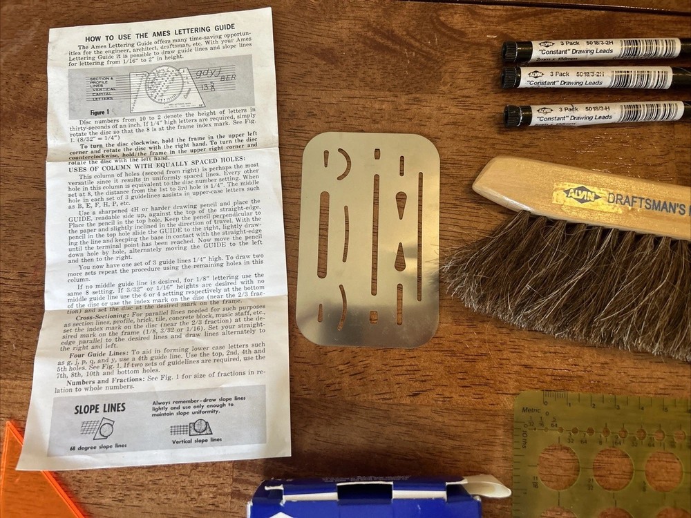 Alvin Drafting Architect Tools Triangle Ruler Brush Pen Lead Compass Dots Lot