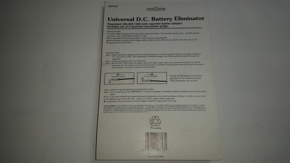 Garrard Universal DC Battery Eliminator 8643 EJP New
