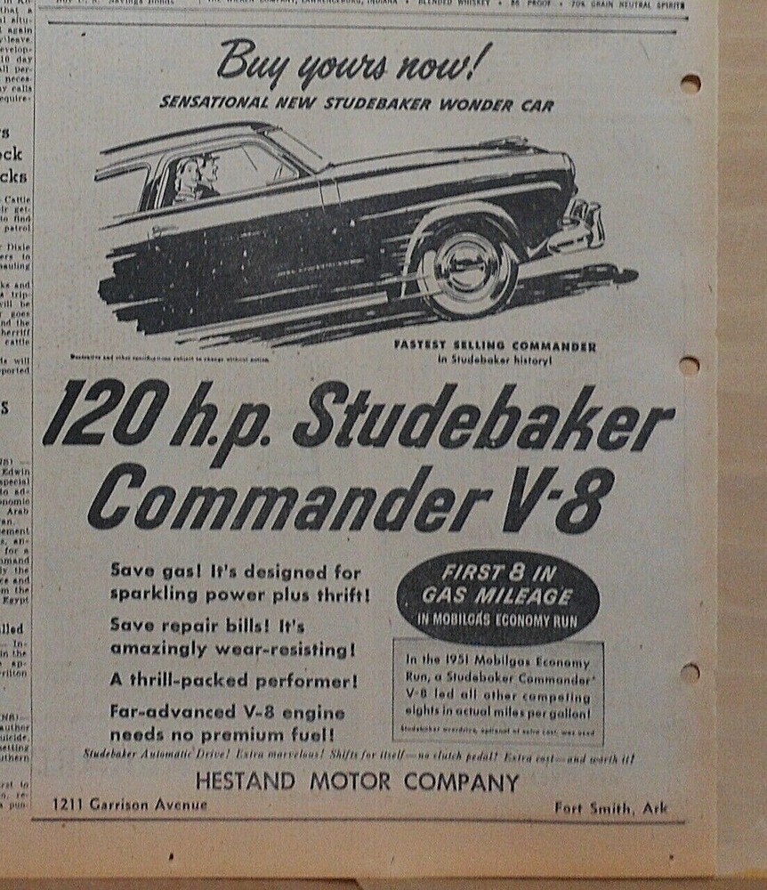 1951 newspaper ad for Studebaker - Commander V-8, First 8 in Gas Mileage
