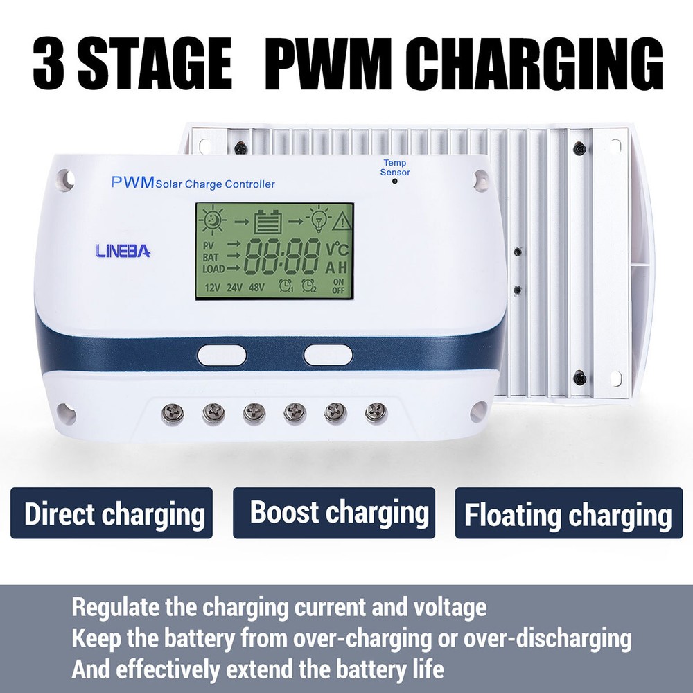 12V/24V/48V 100A PWM Solar Charge Controller Panel Lithium Battery Regulator USB