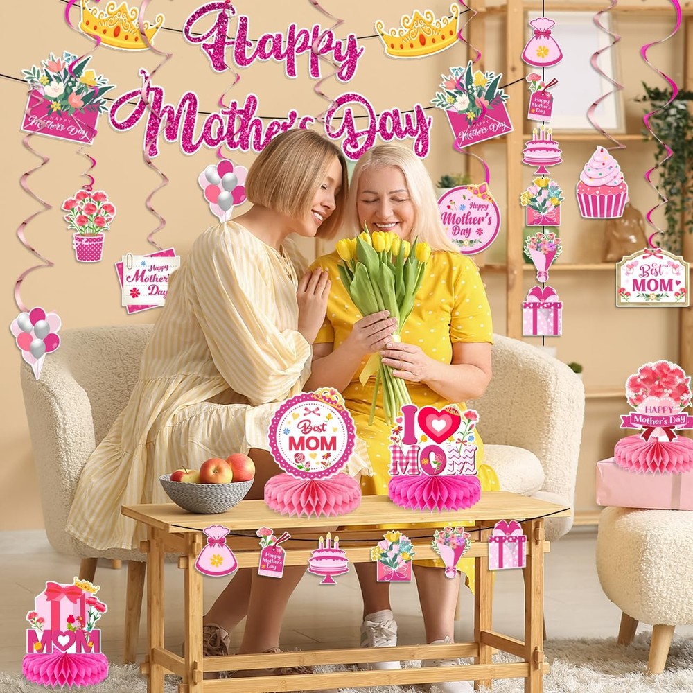 37Pcs Mothers Day Decorations includes Happy Banner Pink