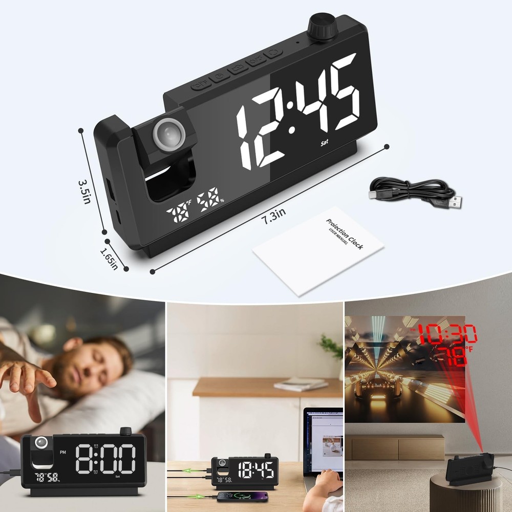 Projection Alarm Clock for Bedroom, Mirror Face Digital Small, Black