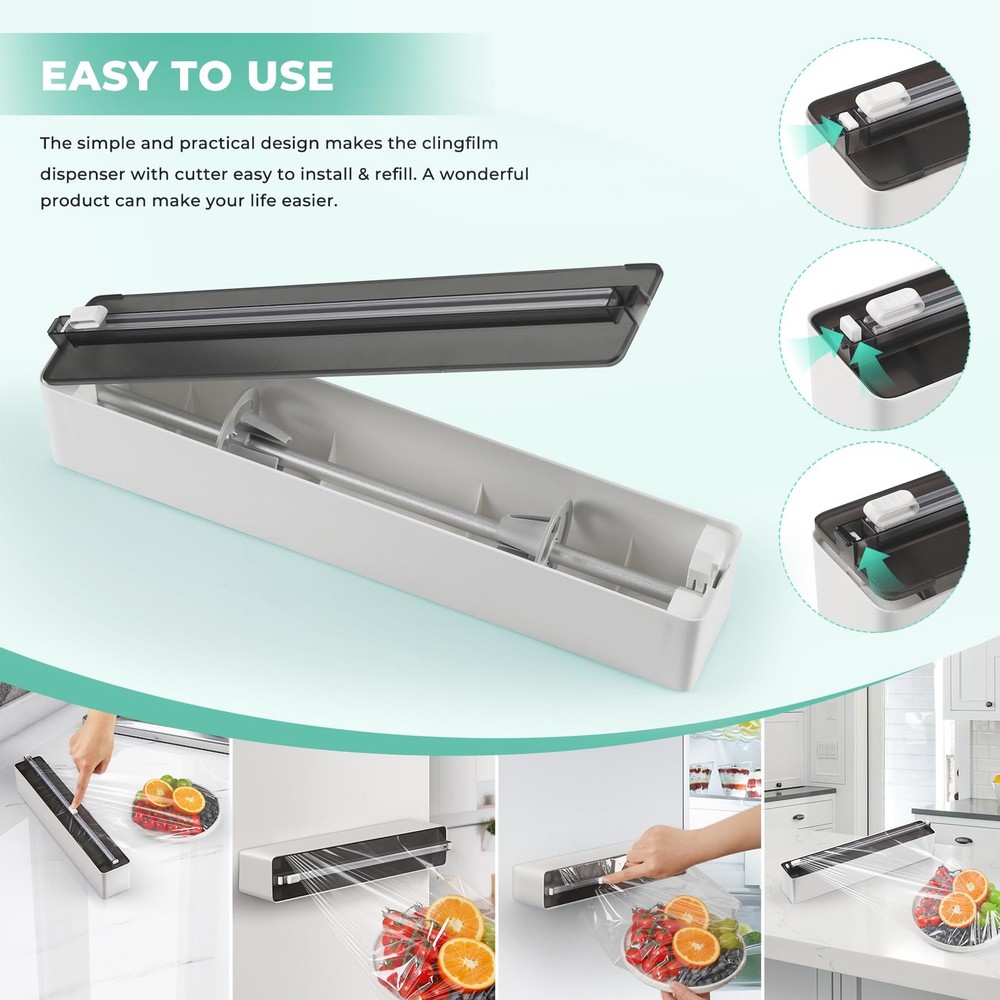 Magnetic Plastic Wrap Dispenser with Cutter - Practical Refillable Aluminum T...