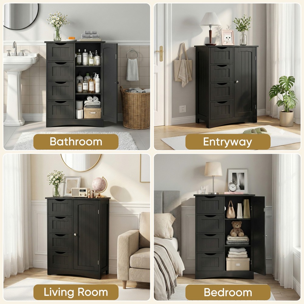 Black Bathroom Storage Cabinet with Adjustable Shelf Floor Storage Cupboard