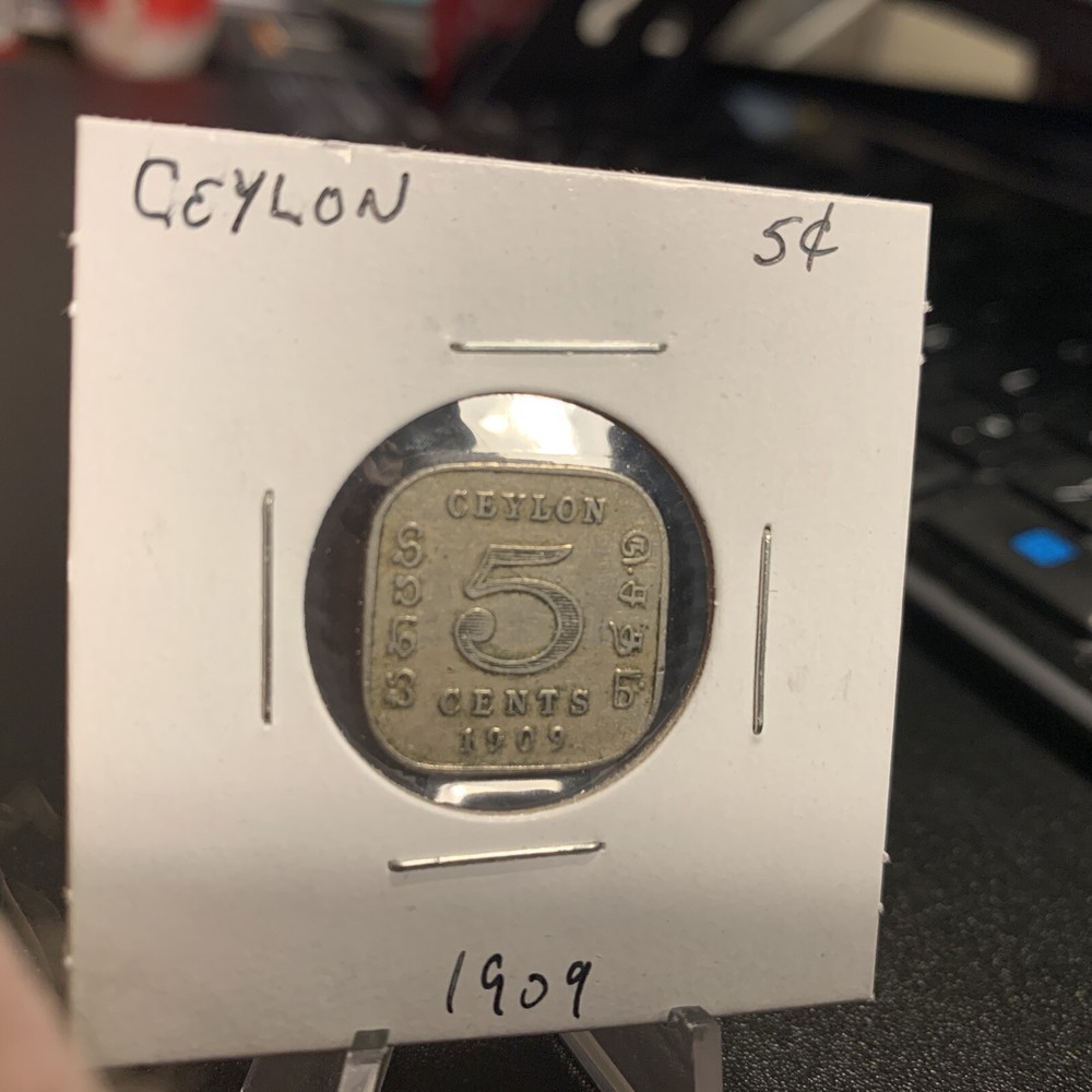 1909 Ceylon Five Cent Coin Square shape.  High Grade