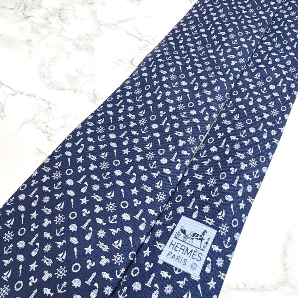 HERMES Tie Full Marine Monogram Pattern Navy Blue