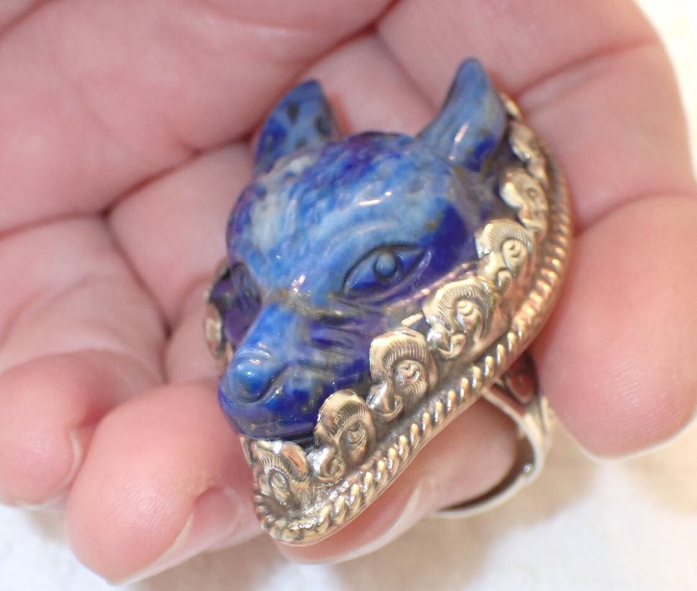 Lapis Wolf /Dog Head Ring in Tibetan Silver adjustable size