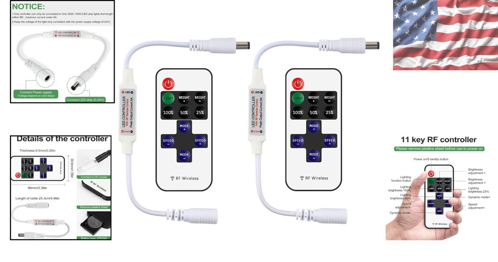 Compact RF LED Dimmer - 2 Pack with 11 Keys Remote Control for Dimmable Lighting