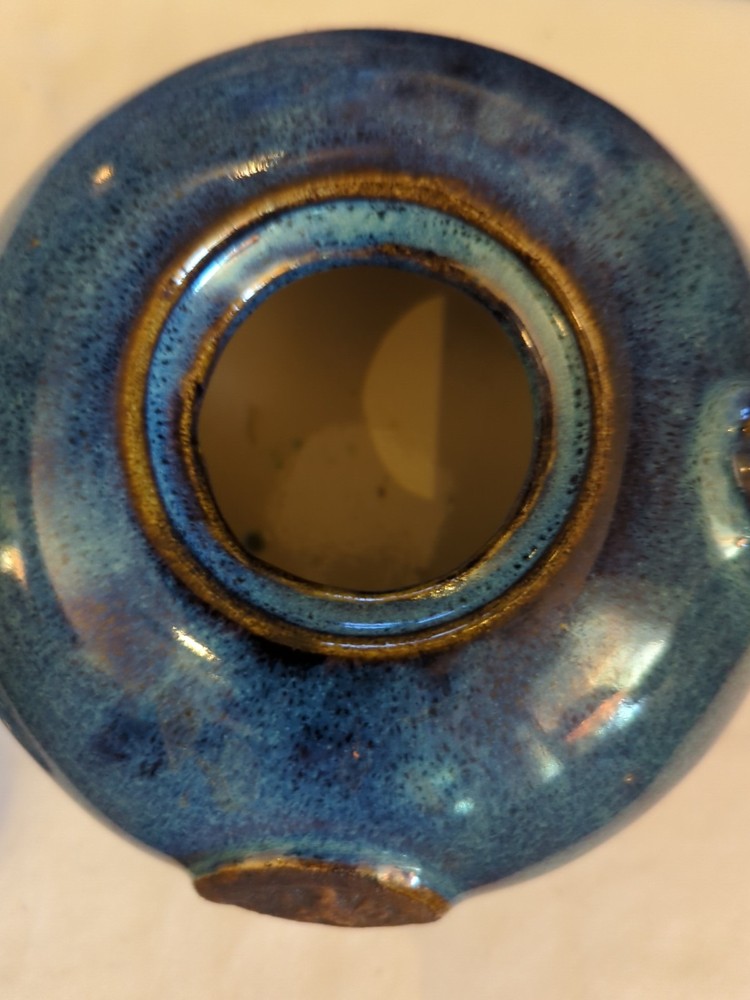 Pottery RUSTIC Blue High GLAZE Teapot With Unique Handle B8