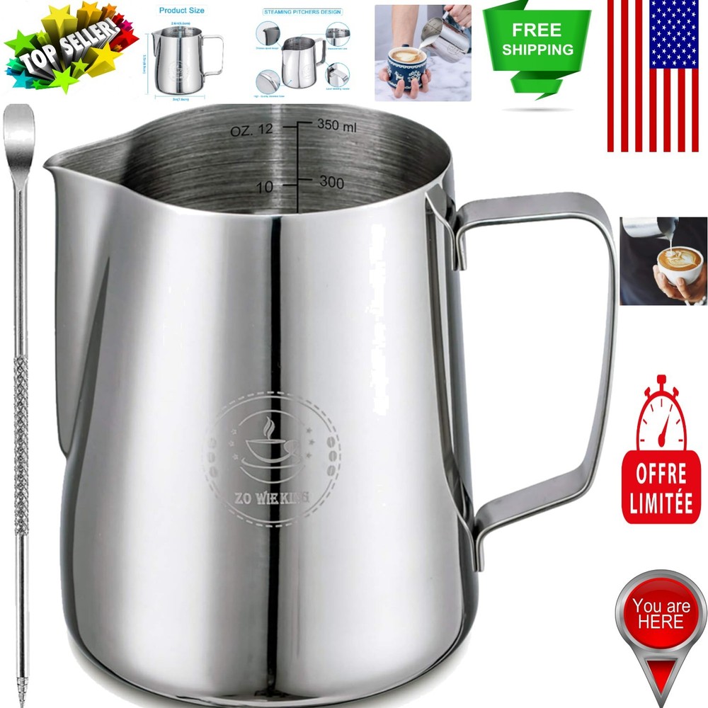 Durable 350ml Espresso Steaming Pitcher with Measurement Marks & Decorating Pen