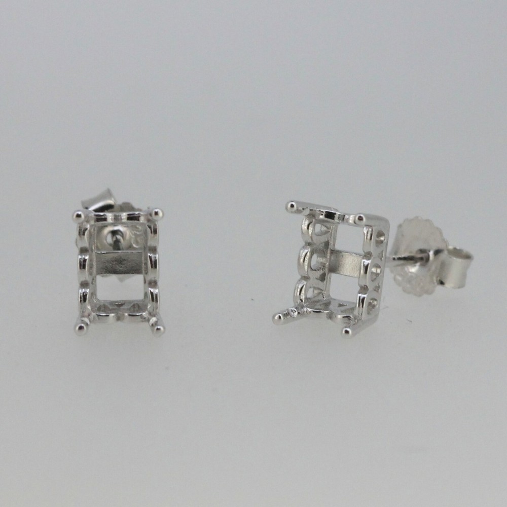 Sterling Silver Semi Mount Earrings Setting Emerald OCT 7x5 mm Stud White Topaz