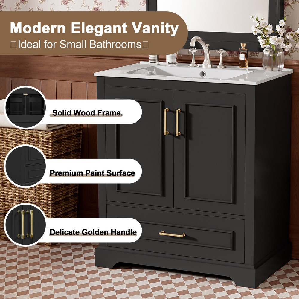 30" Bathroom Vanity w/ Sink, Black, Soft-Close Doors & Drawer, Solid Wood+MDF