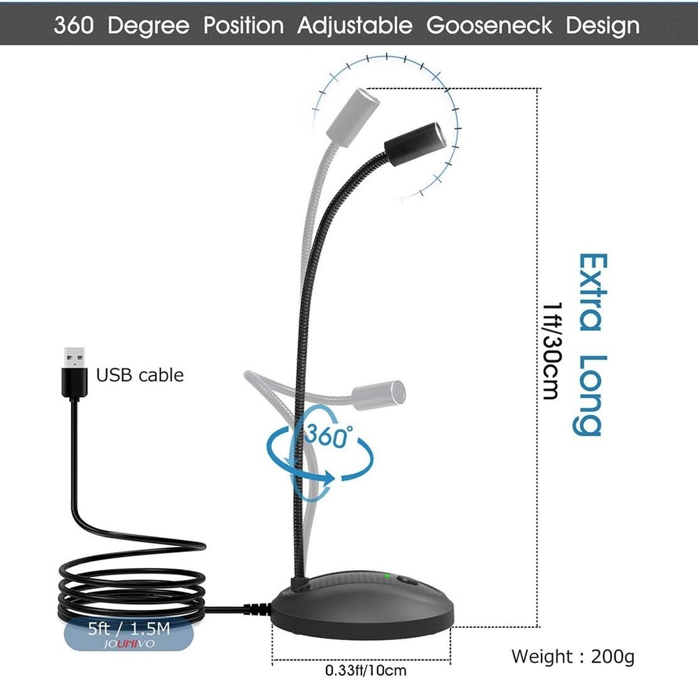 JOUNIVO USB Microphone, 360 Degree Adjustable Gooseneck Design, Mute Button & LE