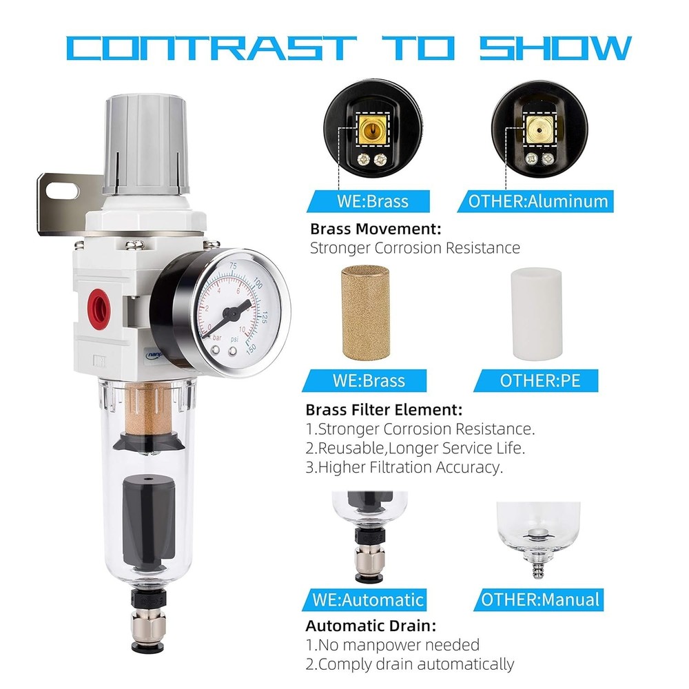 1/4" NPT Compressed Air Filter Regulator Combo Piggyback, Auto Drain, 5 Micro...