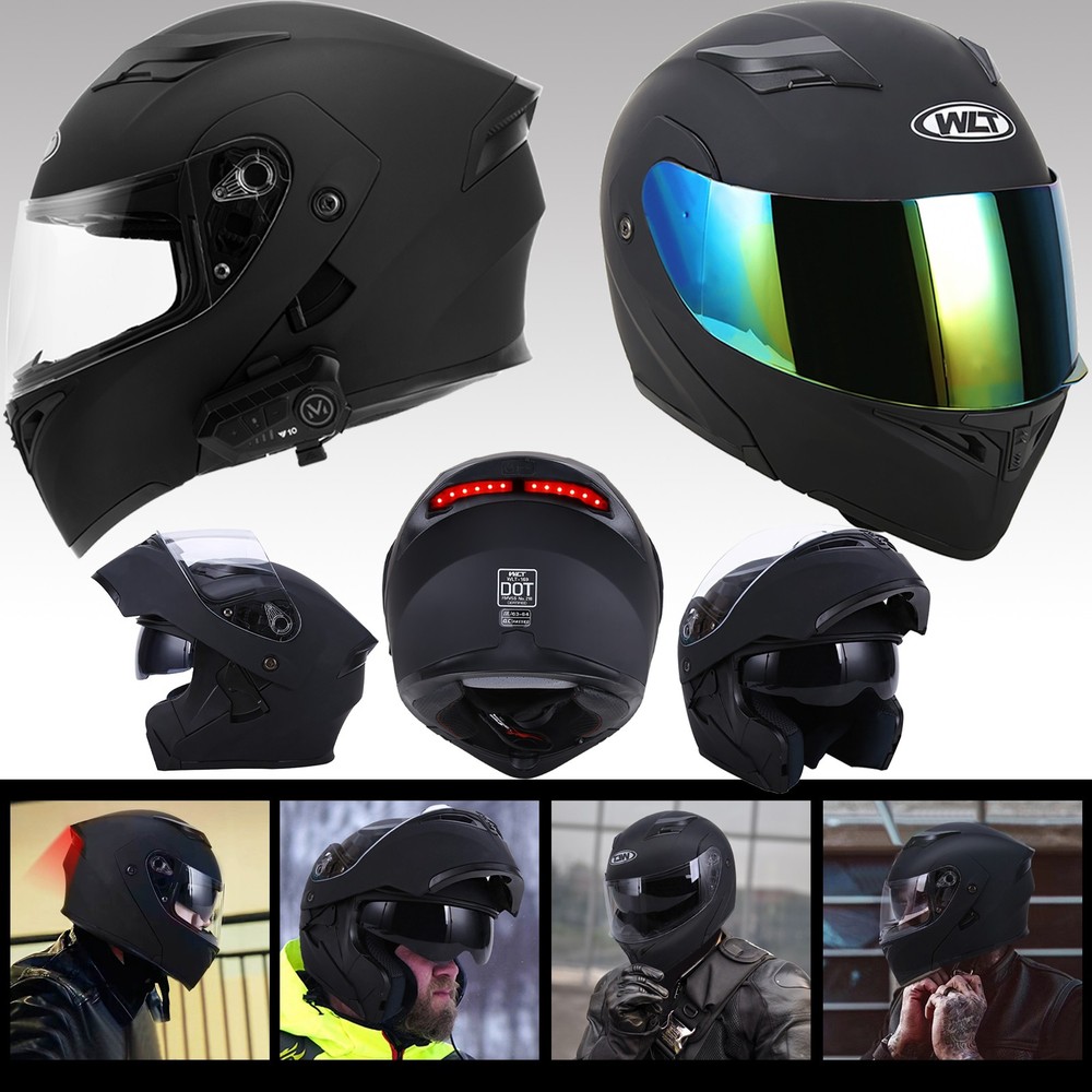 DOT Motorcycle Full Face Helmet BLUETOOTH / LED Light Dual Visor Modular Flip-up