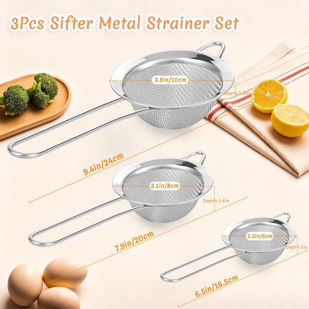 3Pcs Fine Mesh Strainer with Handle, Small Medium Large Size SML, Silver