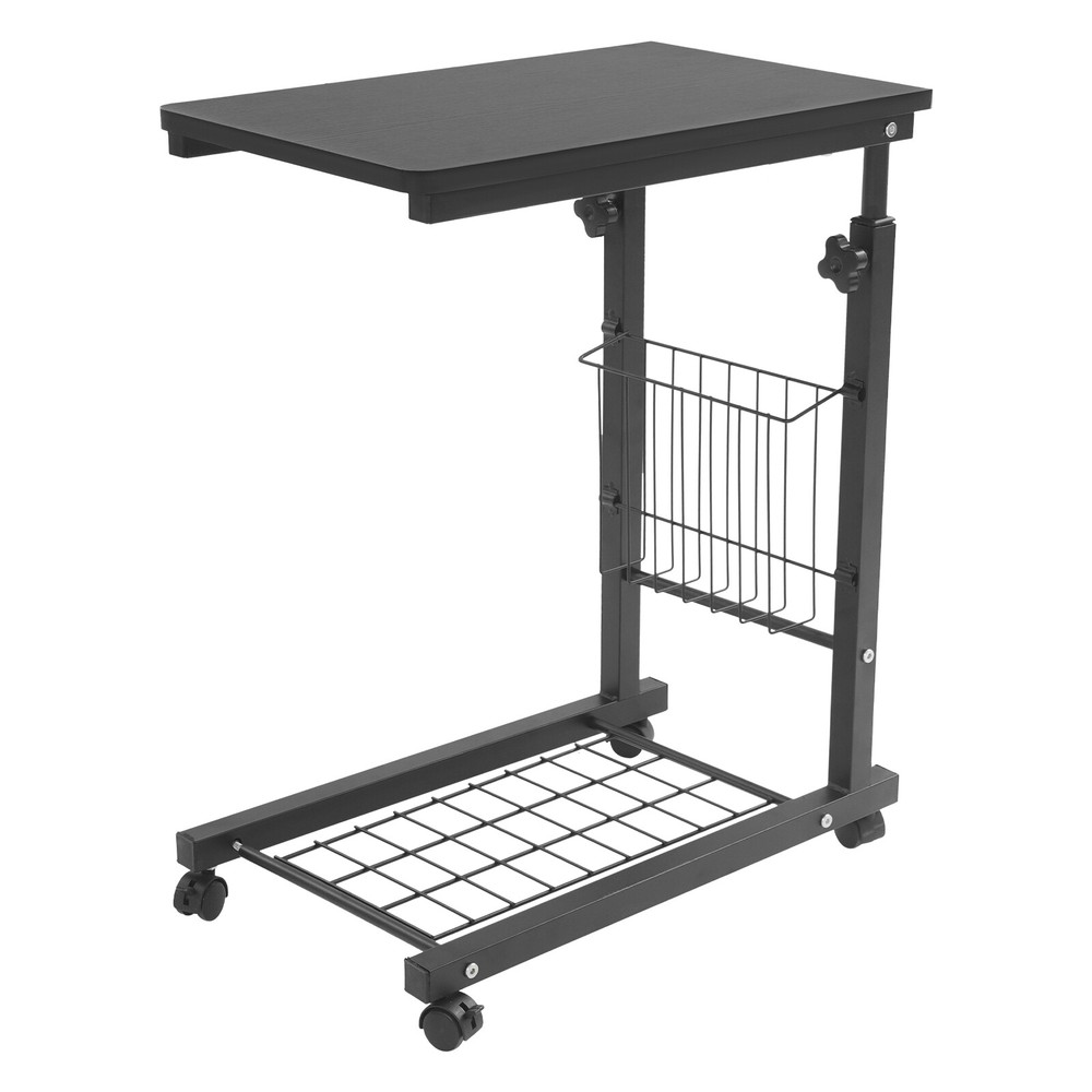 2 Tiers Adjustable Bed Side Table Thickened Mobile Standalone Table w/ Wheels