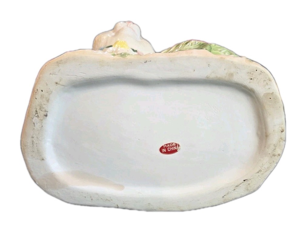 Large Bunny Planter White Rabbit w/ Cabbage Lettuce Leaf Planter