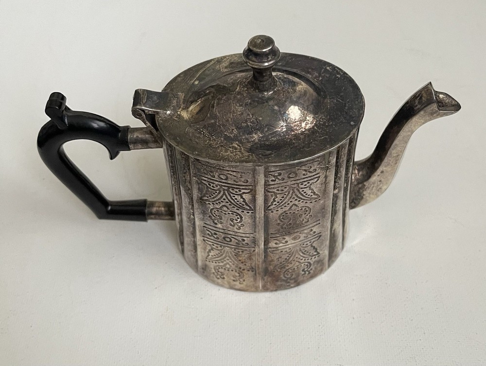 Silverplate Teapot Circa 1800 Black Handle Hinged Lid