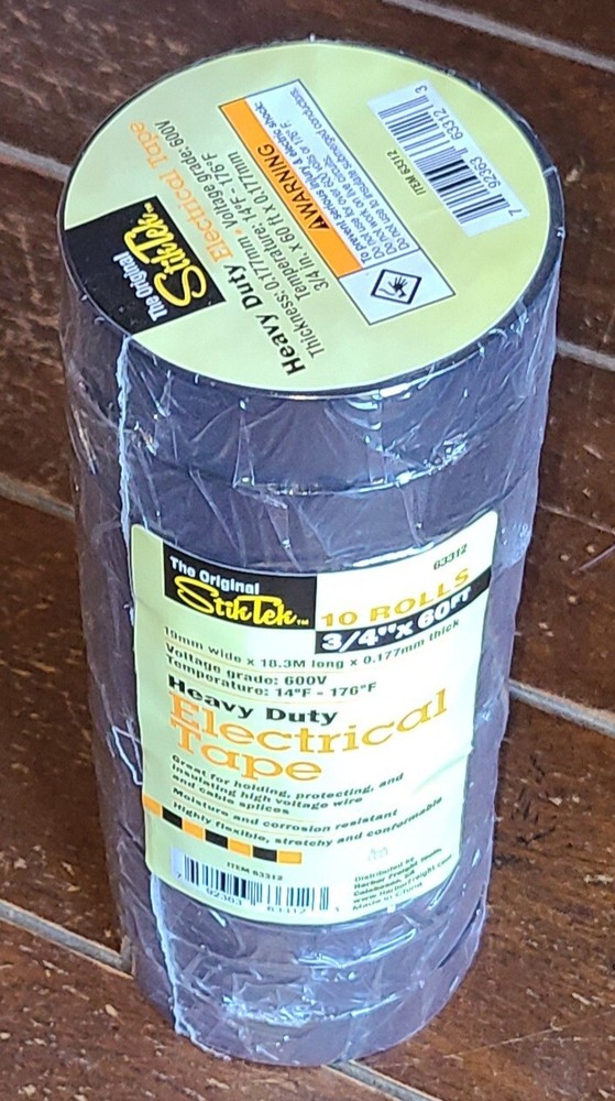 10 Pack STIKTEK 3/4" x 60' Industrial Grade Black Electrical Tape #63312