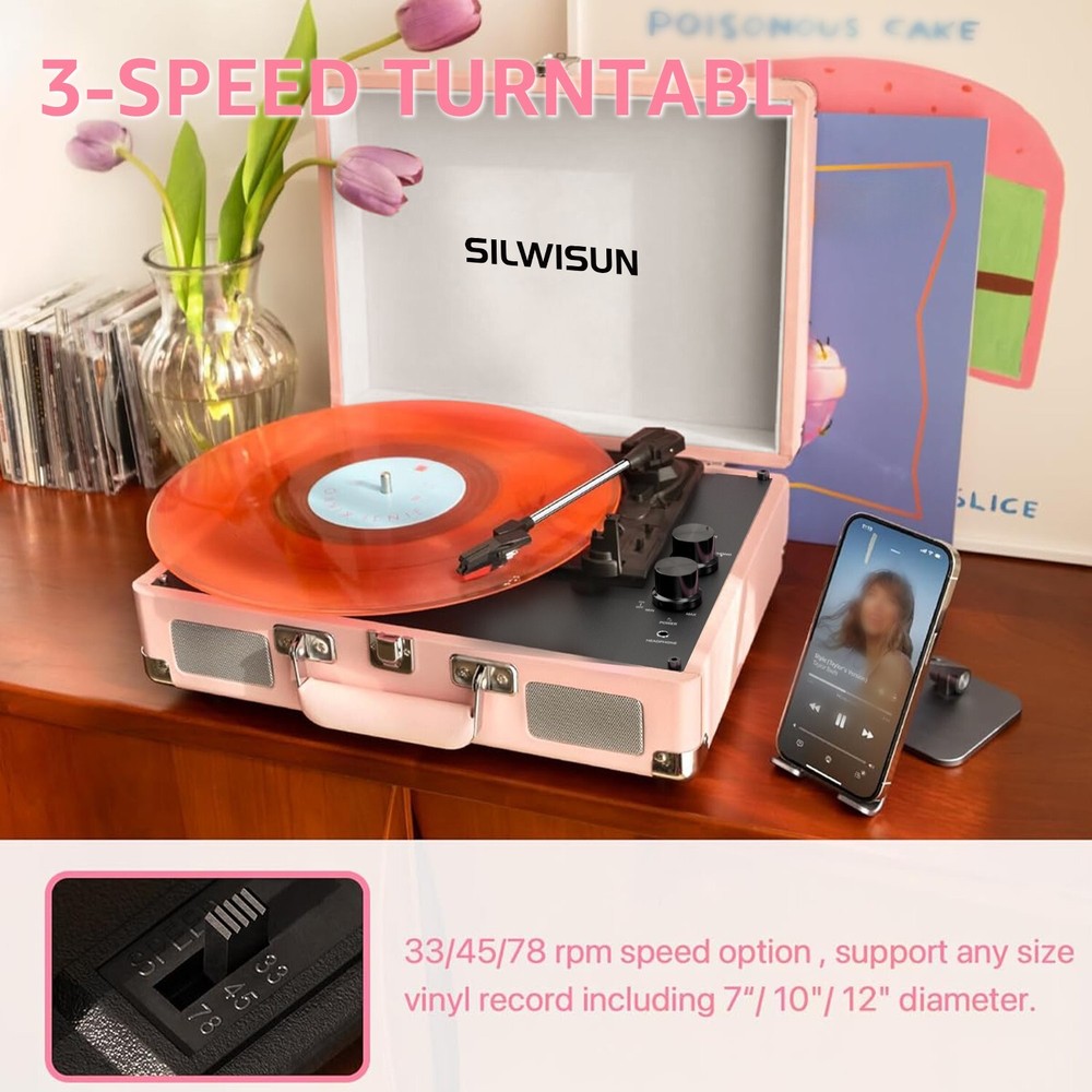 Portable Record Player 3-Speed Turntable Vintage Suitcase with Bluetooth