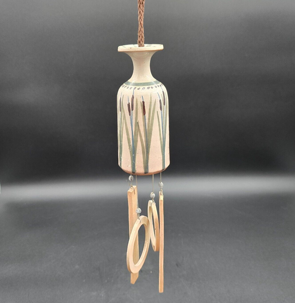 Studio Art Pottery Cattail Wind Chime Hand Made Signed Hand Painted Small