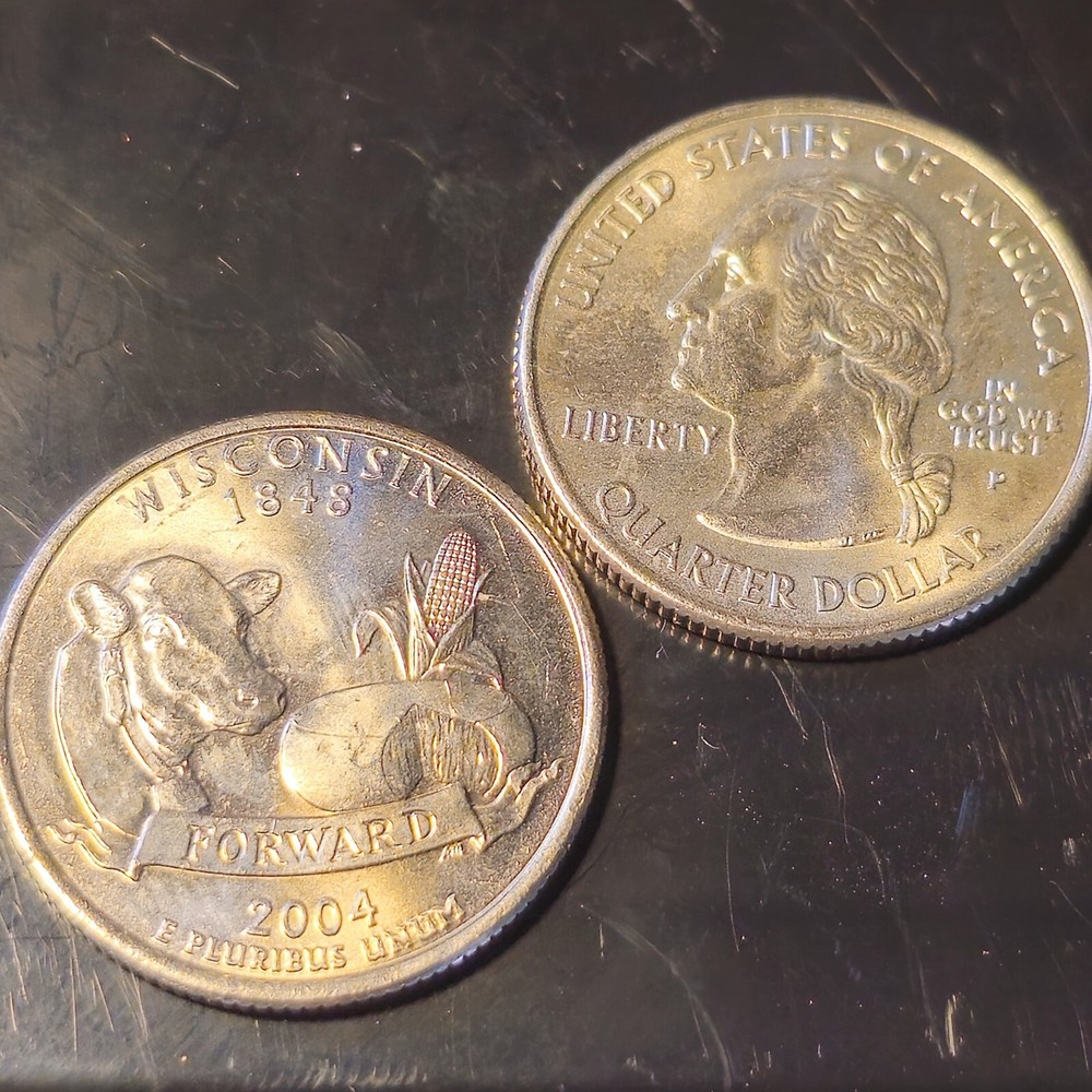 Two Wisconsin State QUARTER Error Coins (NOT LEAF) 2004