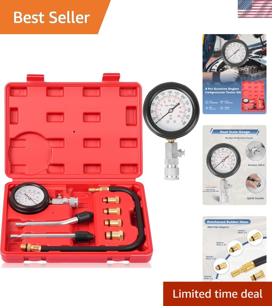 8-Piece Petrol Engine Compression Tester Kit - Accurate Diagnostics for Vehicles