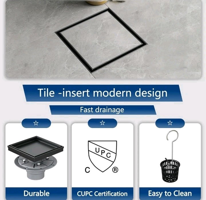 Neodrain 6-Inch Square Shower Drain with Removable Tile Insert Grate