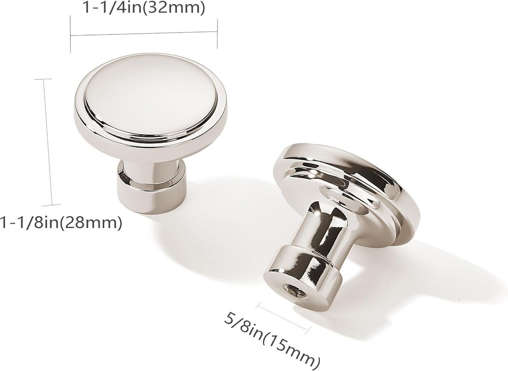 10 Pack Modern Polished Nickel Cabinet Knobs, 1-1/4 inch Diameter, Round
