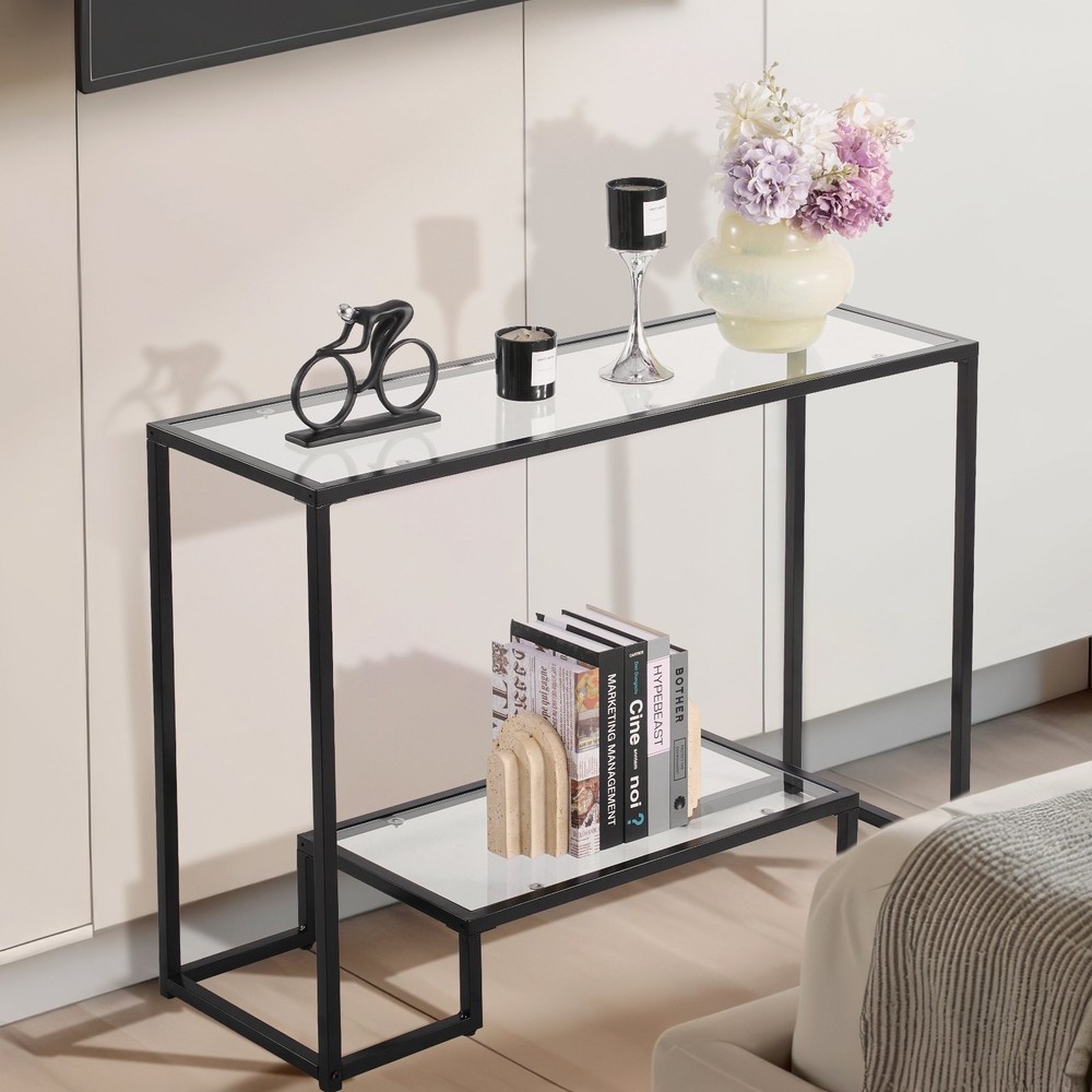 [New]2-Tier Glass Console Table,Modern Rectangle Sofa Side Table w/Tempered Glas