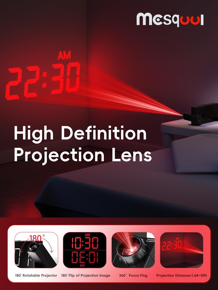 Mesqool Projection Alarm Clock Dual USB Dimmer Snooze