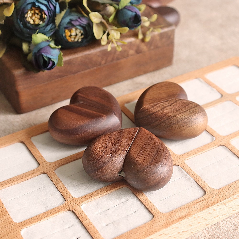 Solid Wood Heart Shape Ring Box Holder for Anniversary Wedding Packaging