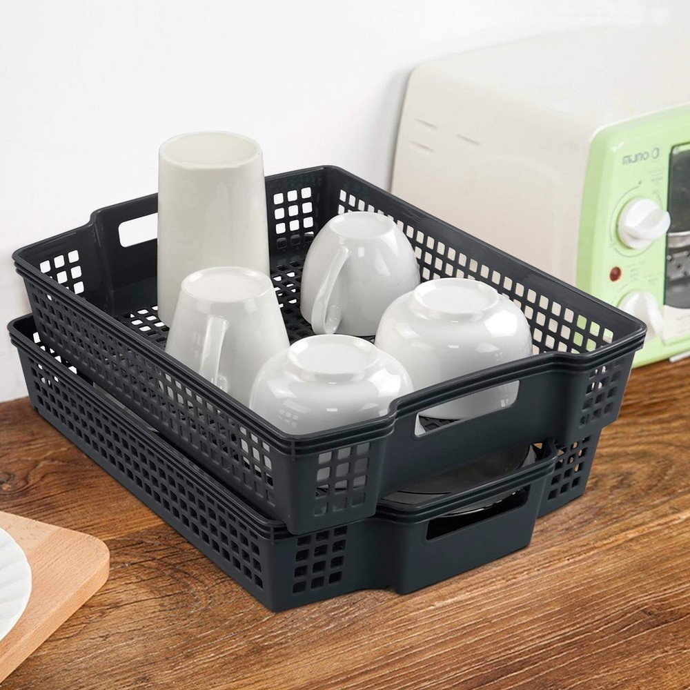 Gray Plastic Stackable Paper Storage Basket Tray, 6 Packs