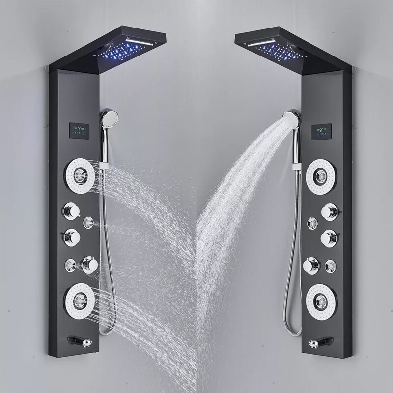 Stainless Steel Shower Panel Tower System LED Rain Waterfall 5-Functions Faucet