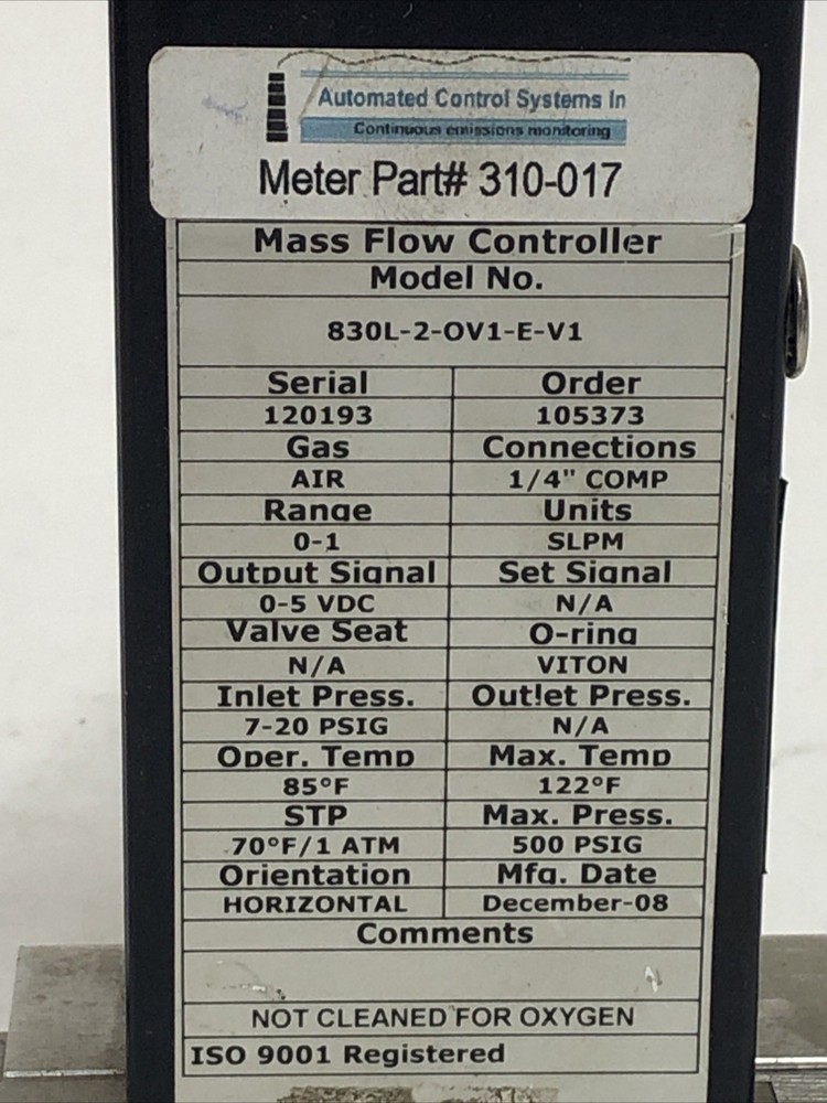Sierra 830L-2-OV1-E-V1 Mass Flow Controller Meter 0-5VDC Output