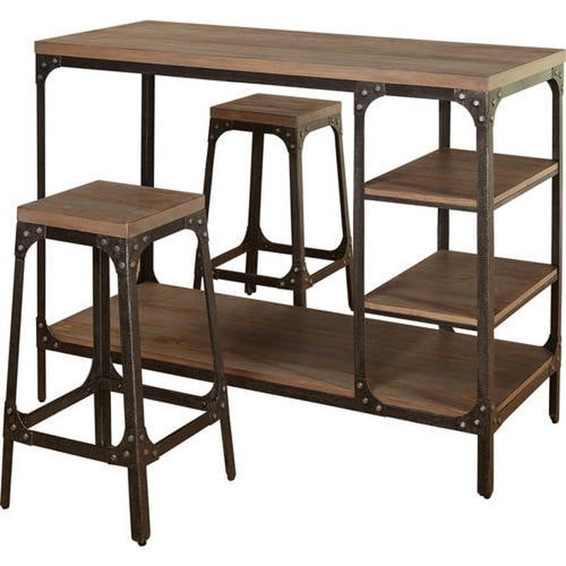 Vintage Industrial Counter Height Dining Set Table W/ Stools & Storage Shelves