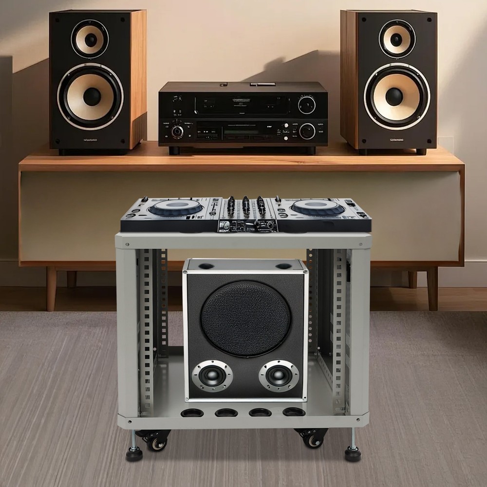 Grey Server Rack Open Cabinet 9U Network & Stereo Rack With Caster Wheels