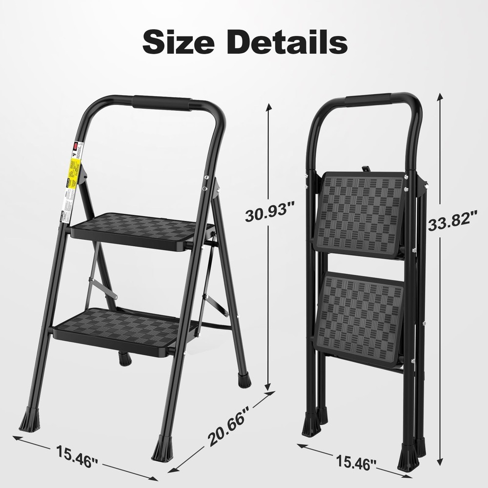 HBTower 2 Step Ladder, Stool for Adults,2 Ladder 2-Step, Black