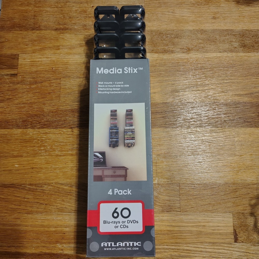 Atlantic Media Stix wall-mount storage racks for CDs, DVDs, and Blu-rays